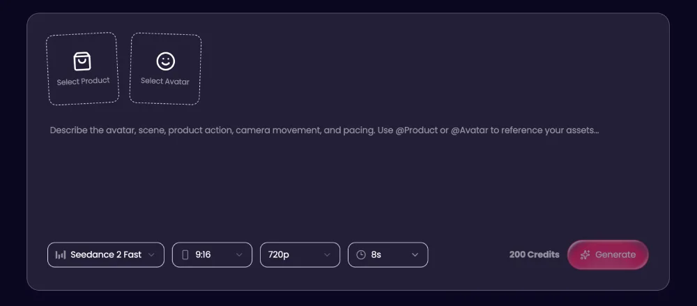Writing a video prompt with a saved product and avatar in DesignUGC