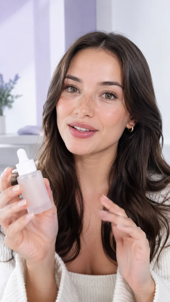 Creator presenting a skincare product in a bright studio